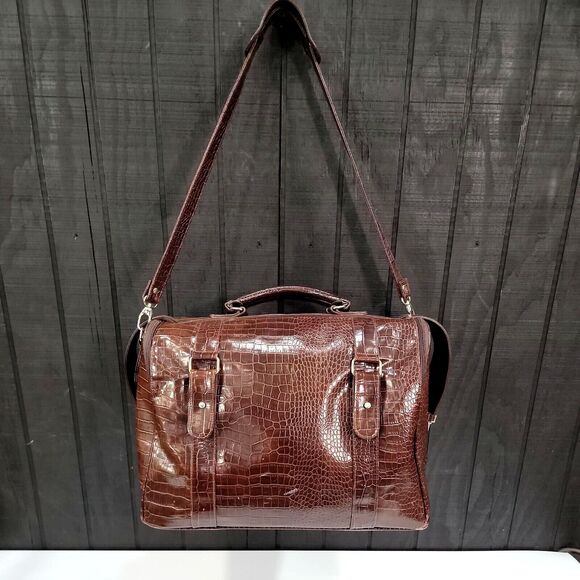 VTG Tote Duffel Bag Bath Body Works Brown Faux Alligator Leather 90s Y2K Travel - Picture 1 of 16